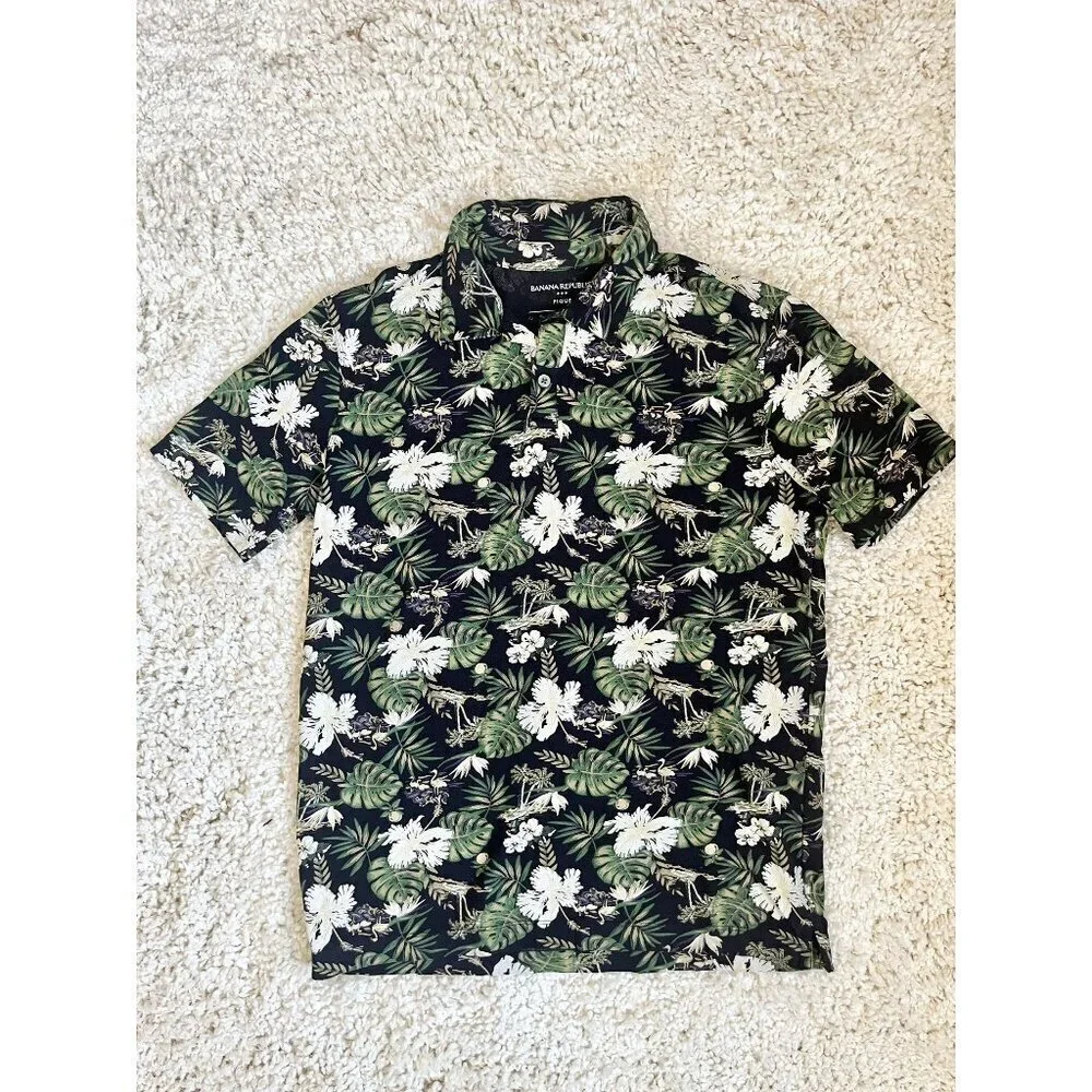 Banana Republic  Mens M Tall Palm Print Pique Polo Shirt